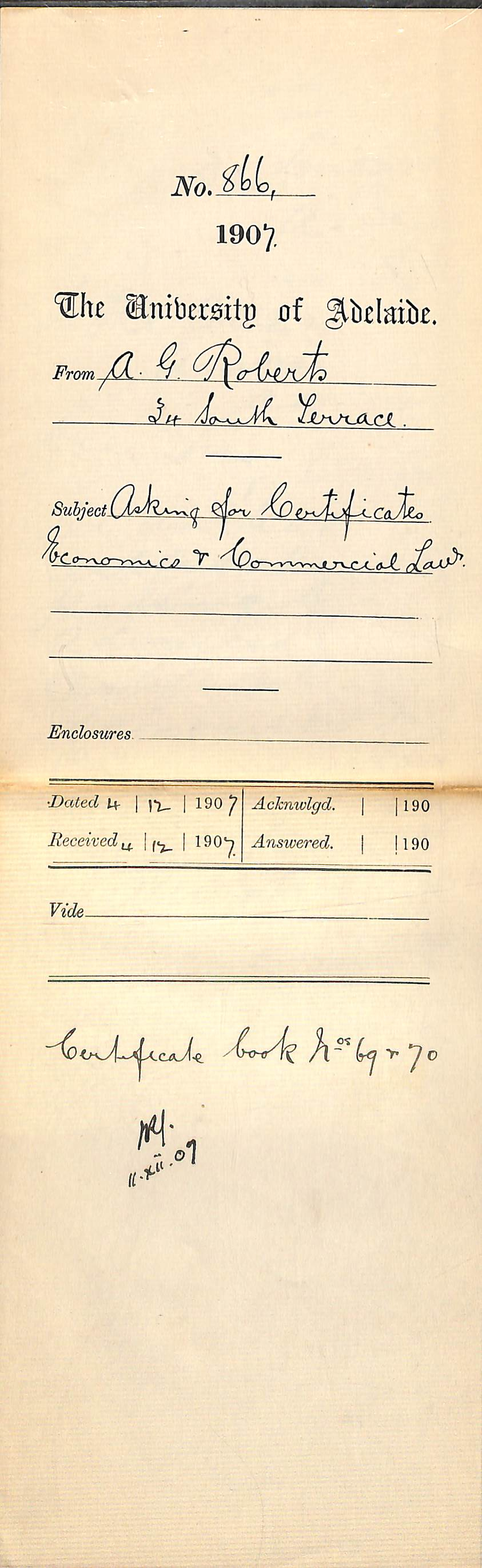 Alwyn Garfield Roberts - 34 South Terrace - Asking for Certificates Economics and Commercial Law