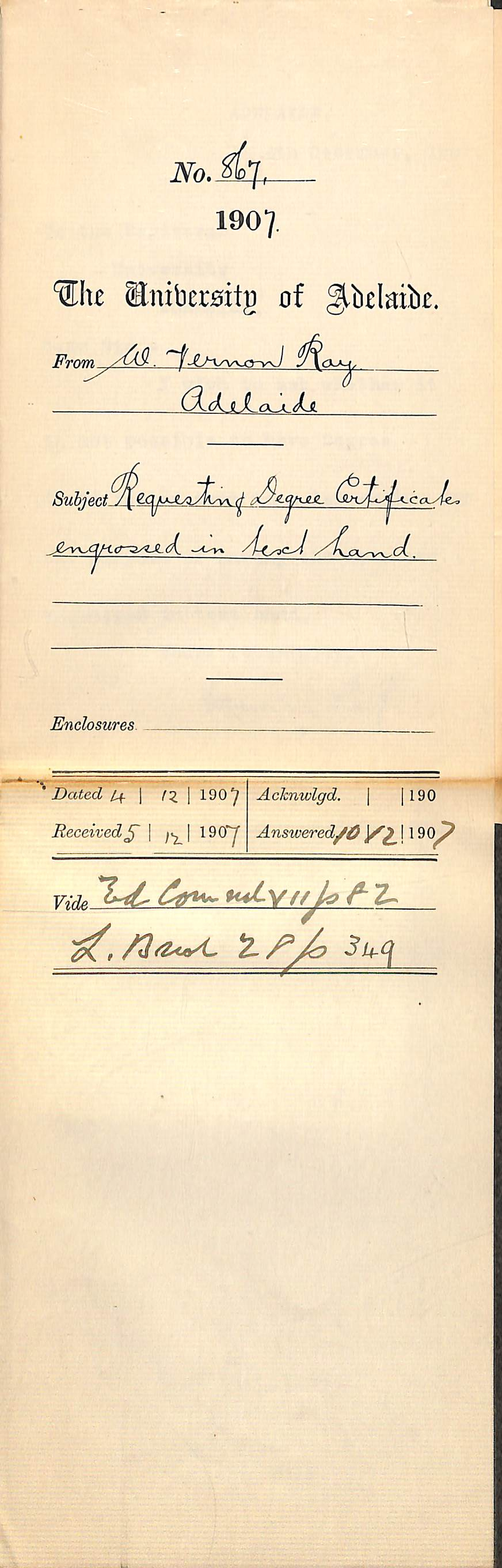 Walter Vernon Ray - Adelaide - Requesting Degree Certificates engrossed in text hand