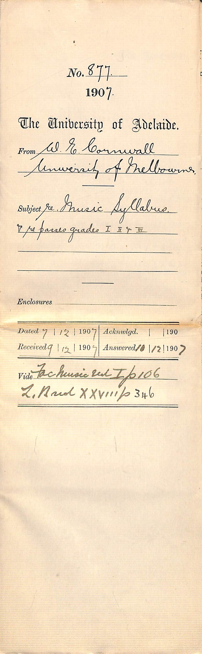 Walter Emerson Cornwall - University of Melbourne - Music Syllabus and passes Grades I II and III