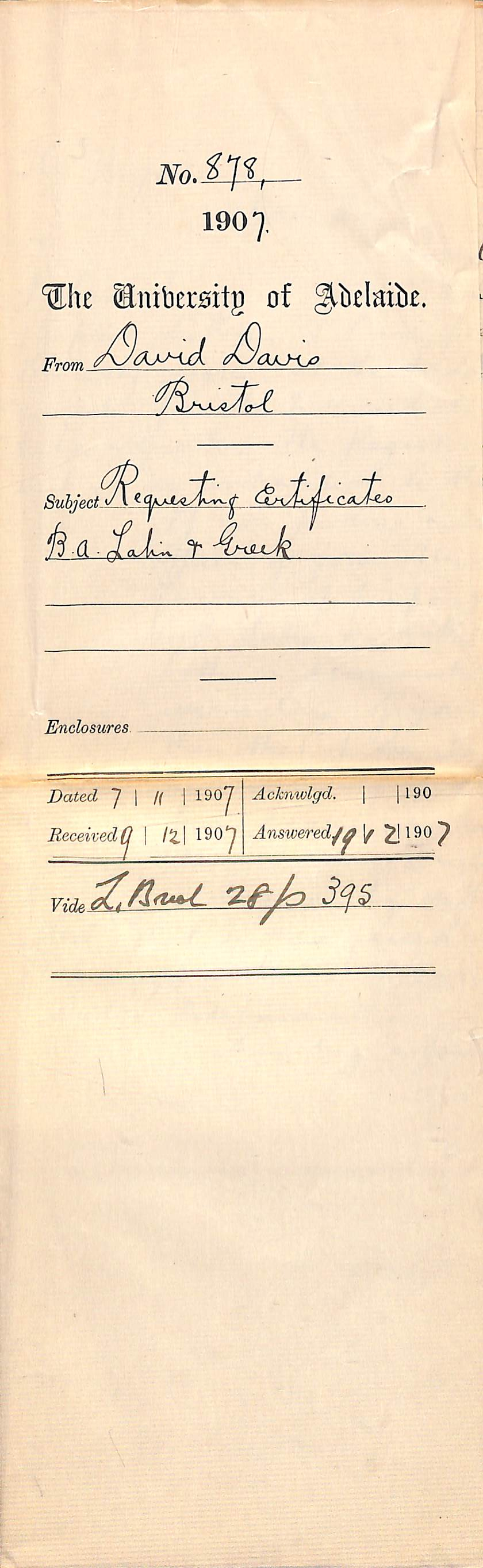 David Davis - Bristol - Requesting Certificates BA Latin and Greek