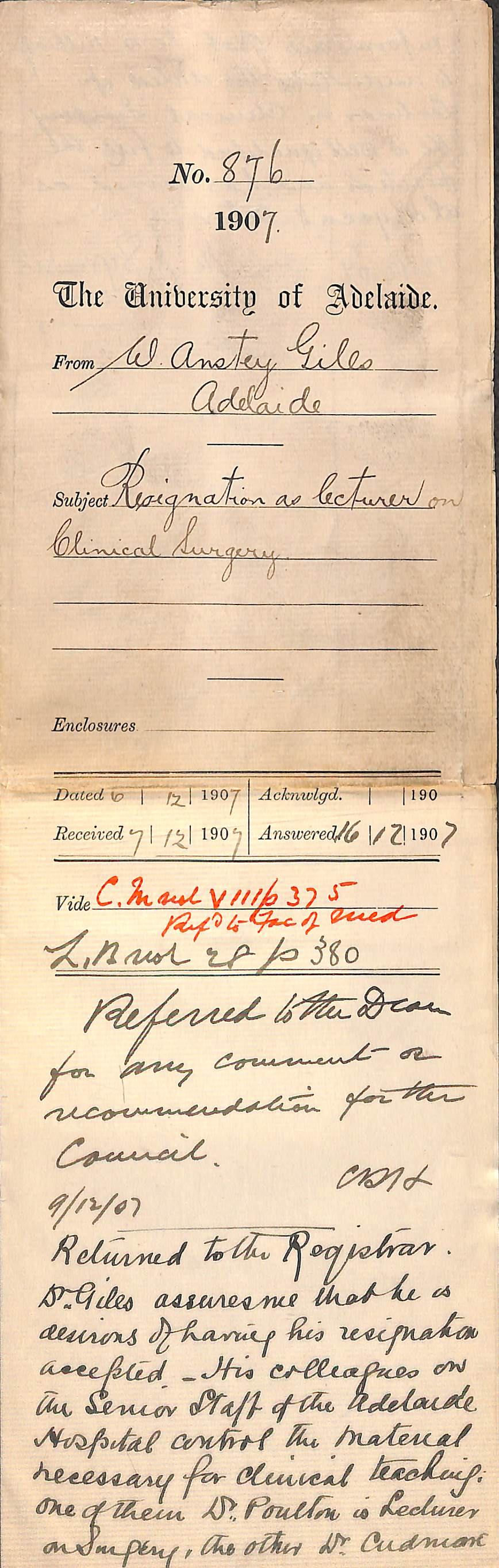 William Anstey Giles - Adelaide - Resignation as Lecturer on Clinical Surgery