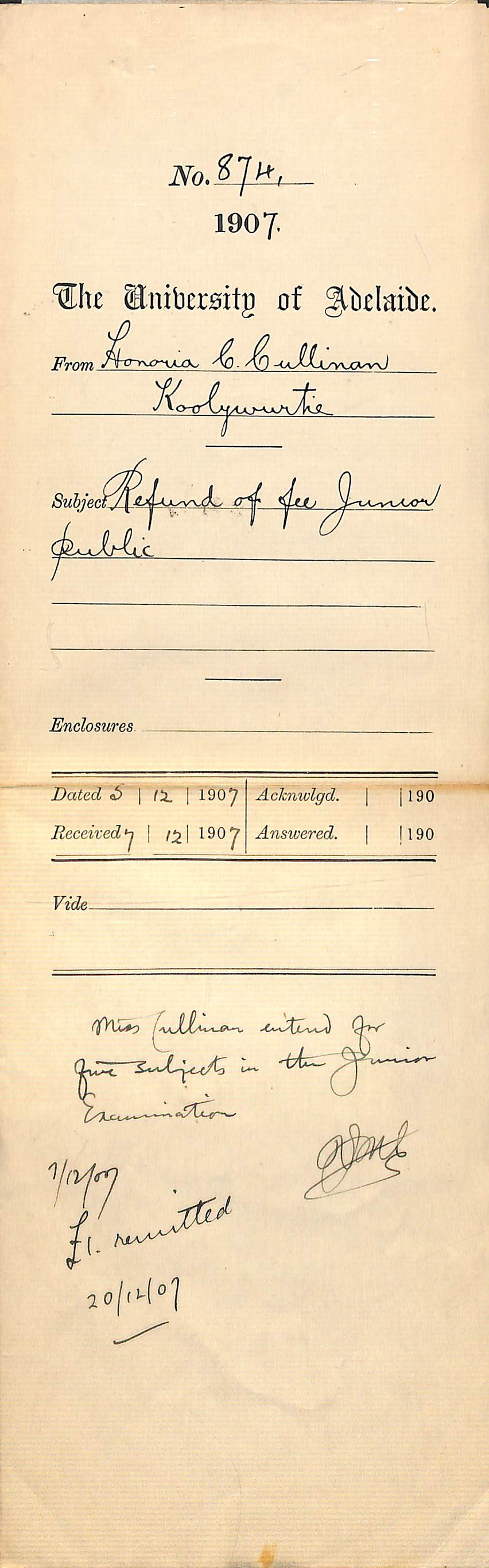 Honoria C Cullinan - Koolywurtie - Refund of fee Junior Public