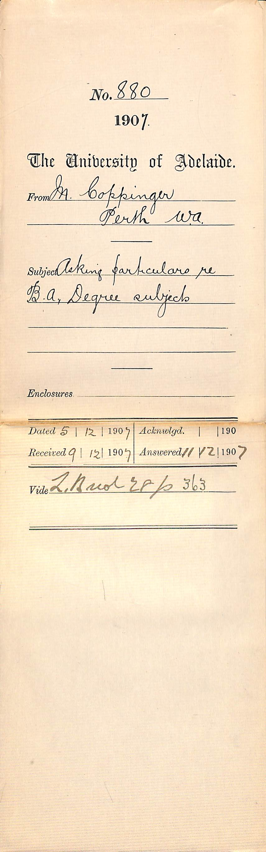 M Coppinger - Perth Western Australia - Asking particulars re BA Degree subjects