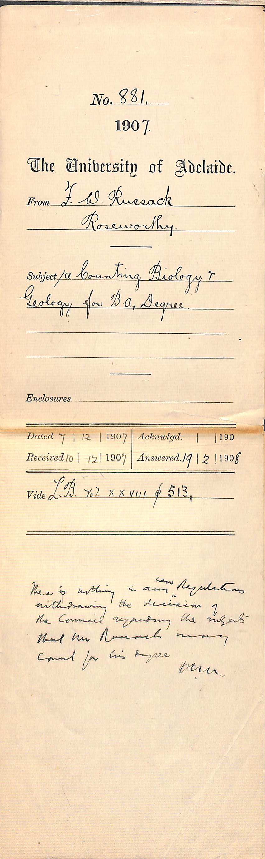 Fred W Russack - Roseworthy - Counting Biology and Geology for BA Degree