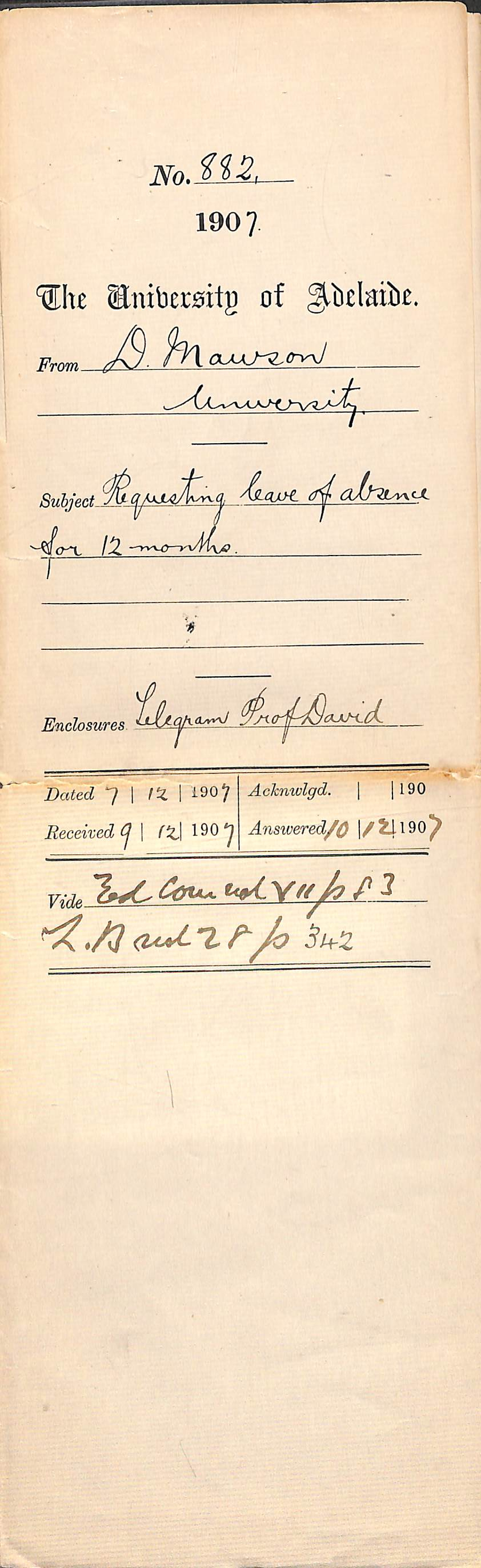 Douglas Mawson - Requesting leave of absence for 12 months