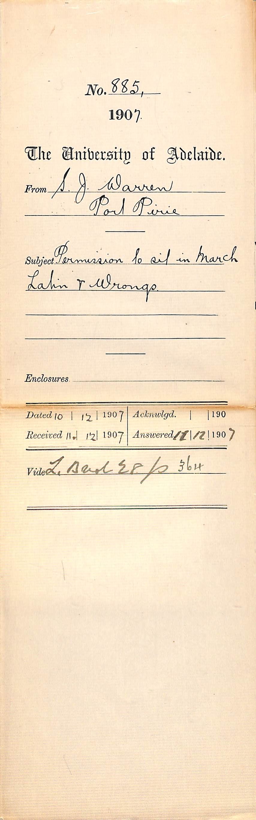 S J Warren - Port Pirie - Permission to sit in March Latin and Wrongs