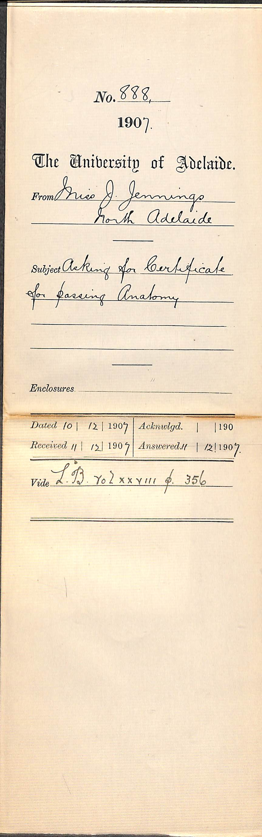 Miss Josephine Jennings - North Adelaide - Asking for Certificate for passing Anatomy