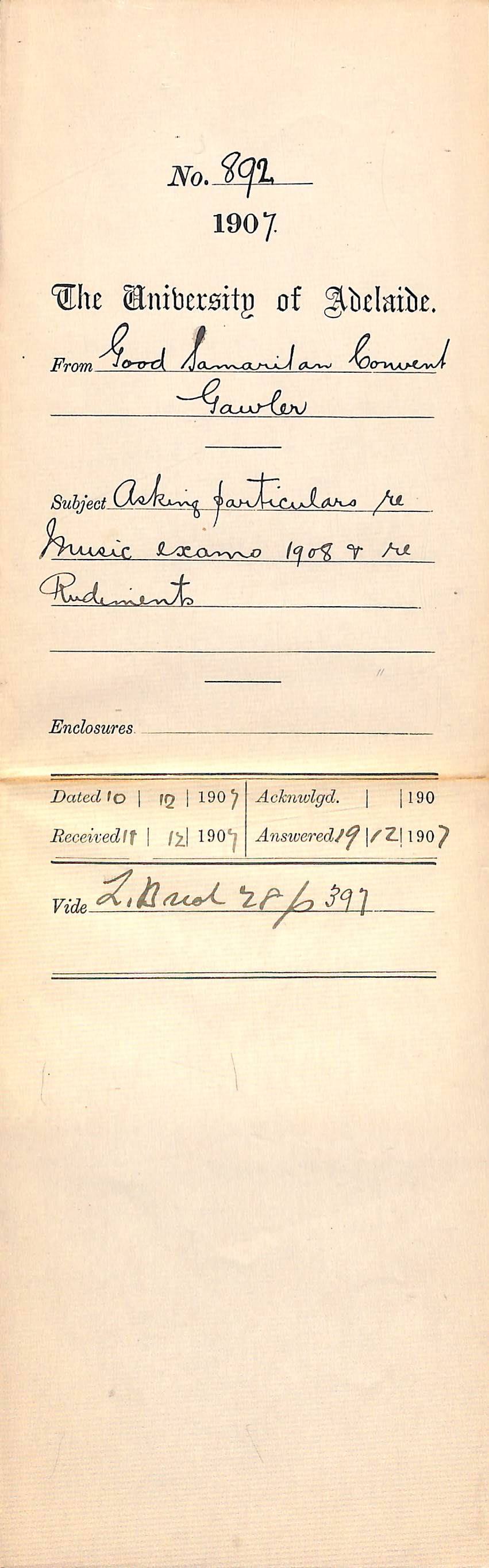 Good Samaritan Convent - Gawler - Asking particulars Music Exams 1908 and Rudiments