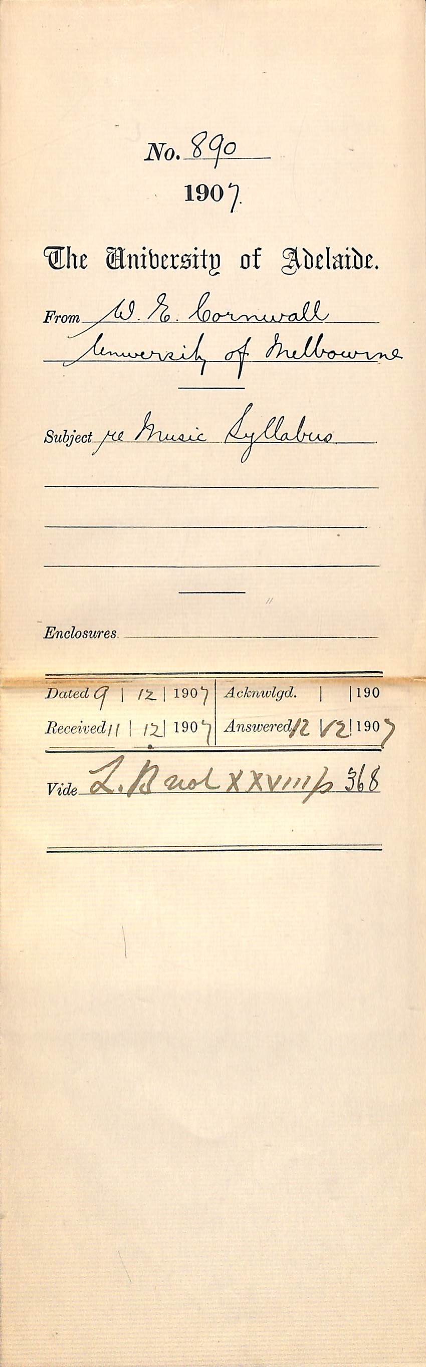 Walter Emerson Cornwall - University of Melbourne - Music Syllabus