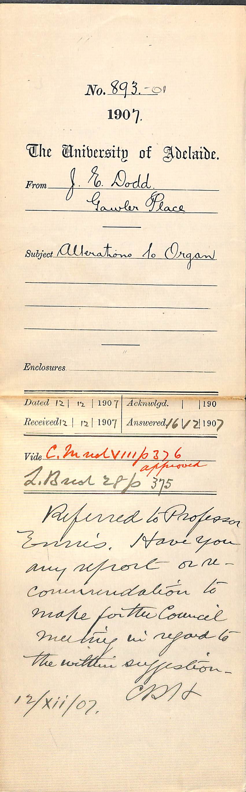 J E Dodd - Gawler Place - Alterations to Organ