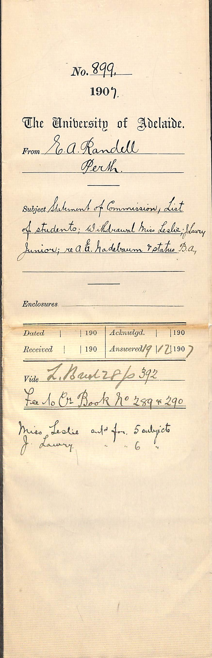 E A Randell - Perth - Statement of Commission List of Students Withdrawal Miss Leslie J Lawry Junior A E Nadebaum Status BA