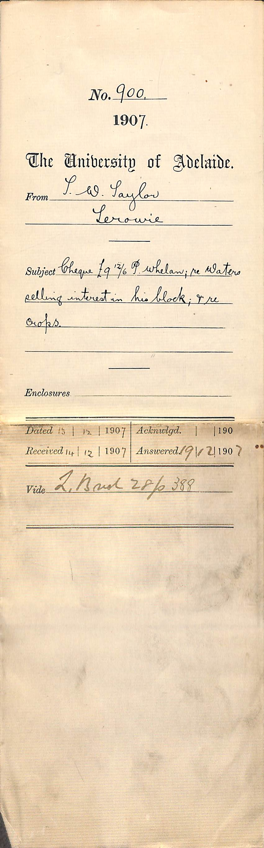 Thomas W Taylor - Terowie - Cheque &pound;9-12-6 P Whelan Re Waters selling in his Block and Crops