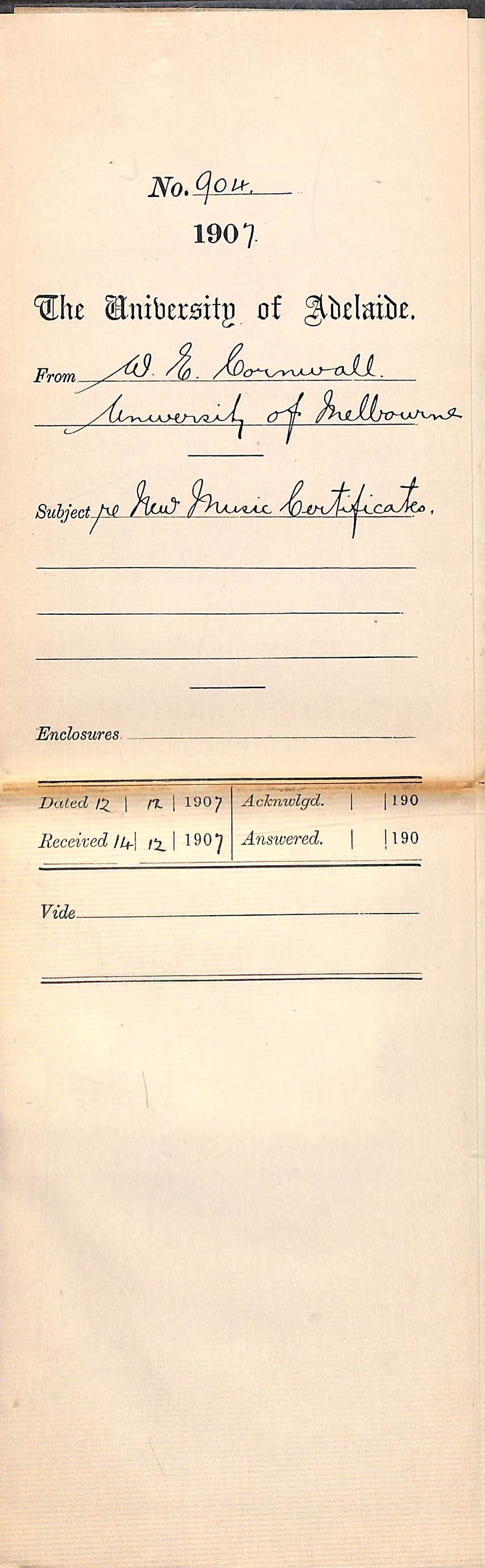 Walter Emerson Cornwall - University of Melbourne - New Music Certificates