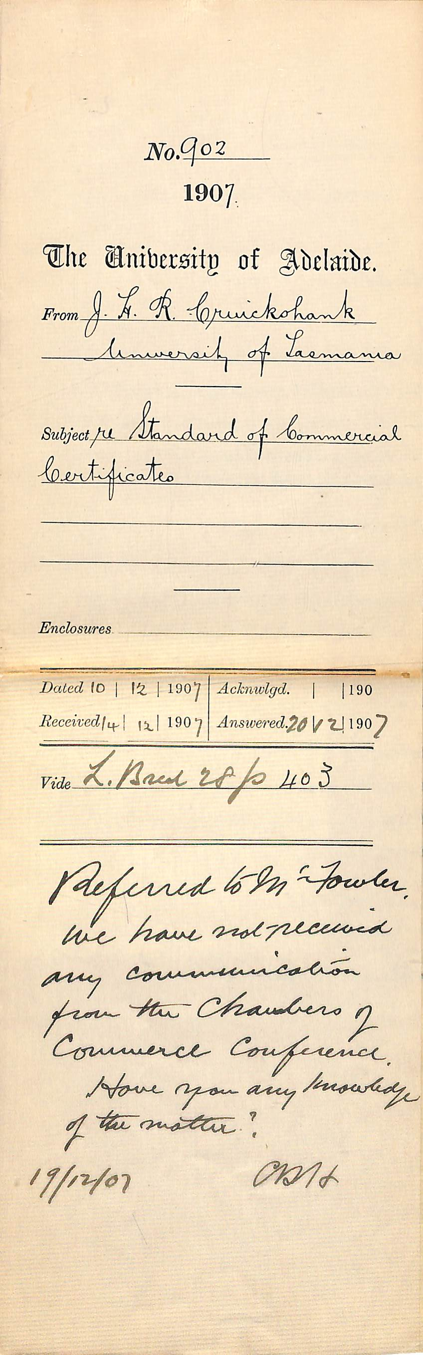 James H R Cruickshank - University of Tasmania - Standard of Commercial Certificates