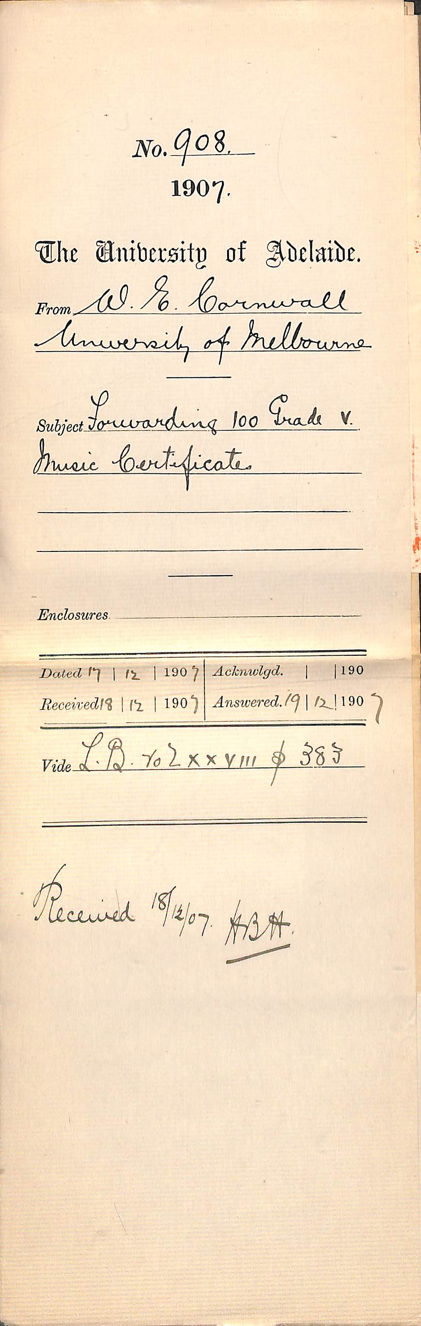 Walter Emerson Cornwall - University of Melbourne - Forwarding 100 Grade V Music Certificates