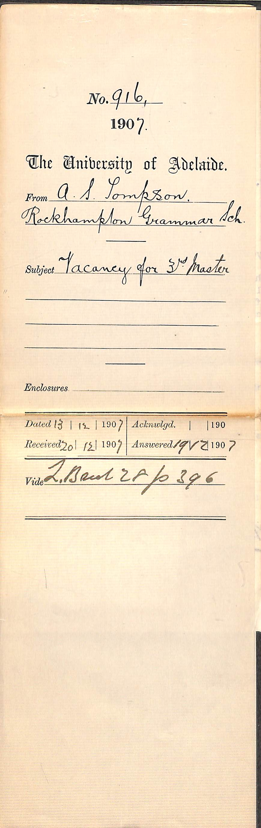 A S Tompson - Rockhampton Grammar School - Vacancy for 3rd Master