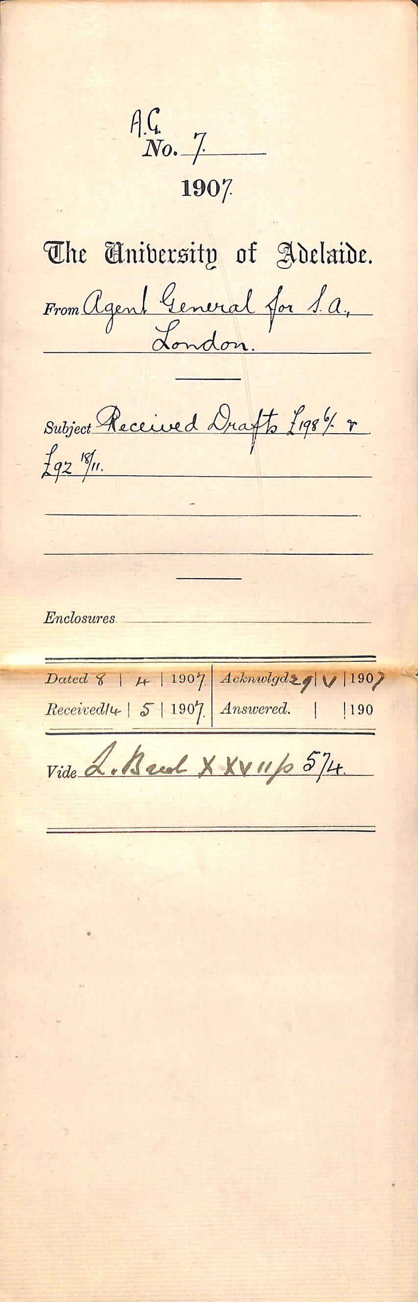 Agent General for South Australia - London - Received Drafts &pound;198-6-0 and &pound;92-18-11