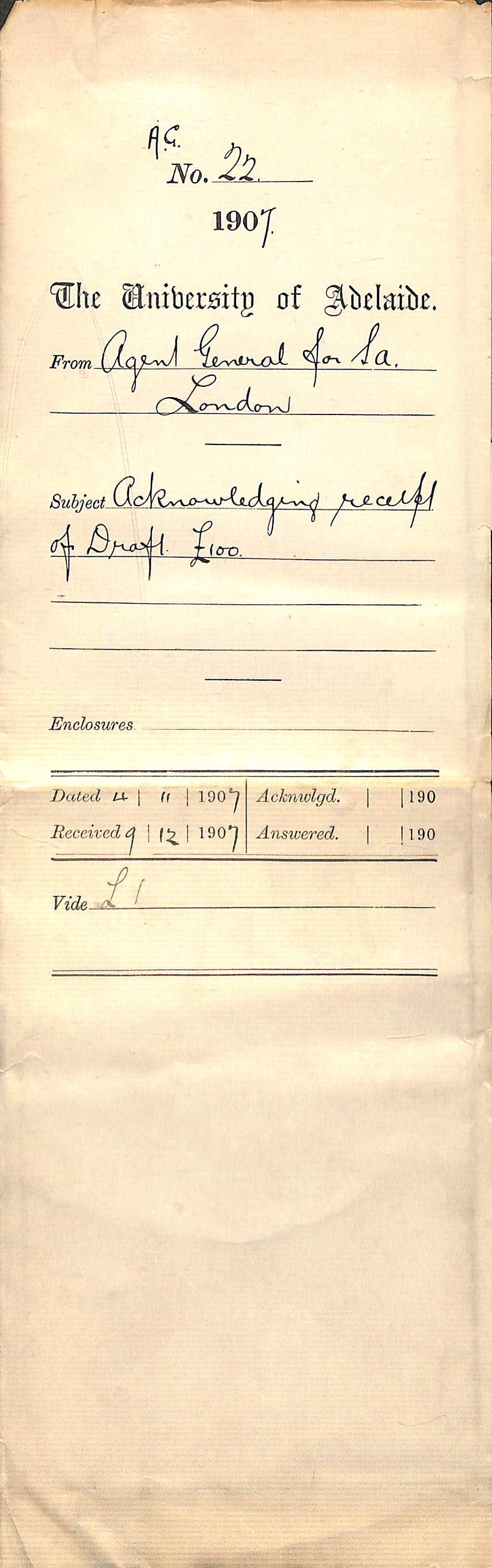 Agent General for South Australia - London - Acknowledging receipt of Draft &pound;100