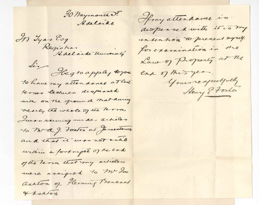 Henry E Foster - Waymouth Street Adelaide - Exemption from Lectures for First Term