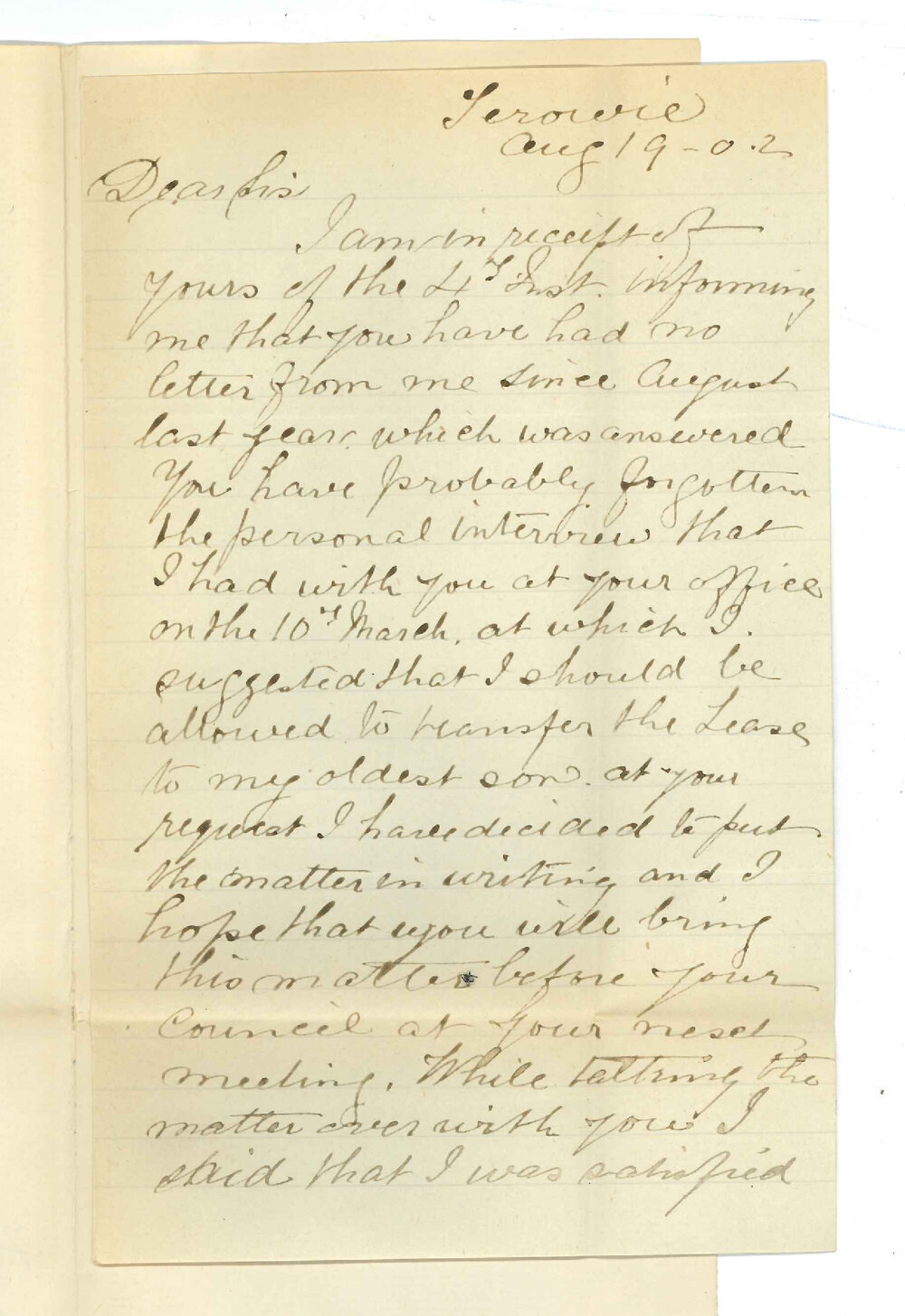 James Lyddon - Terowie - Transferring of Lease of Land to his son
