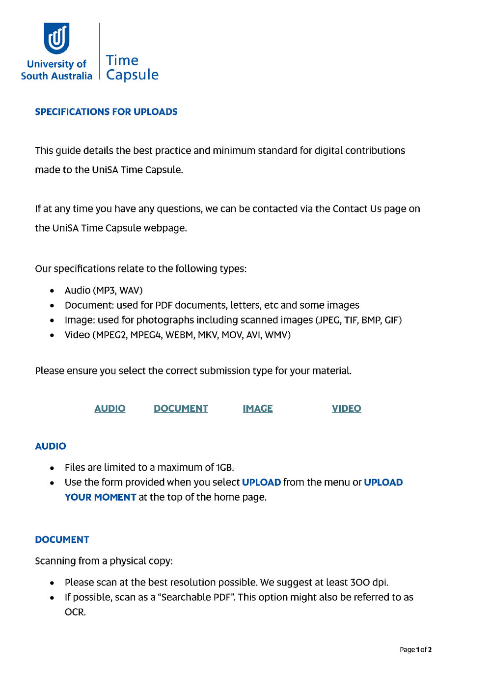 Specifications for uploads