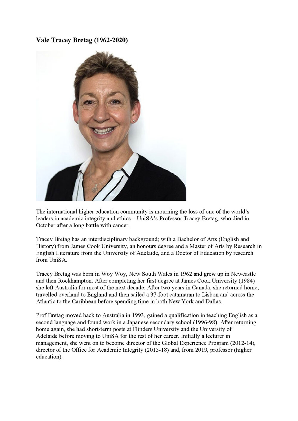 Farewell to Professor Tracey Bretag