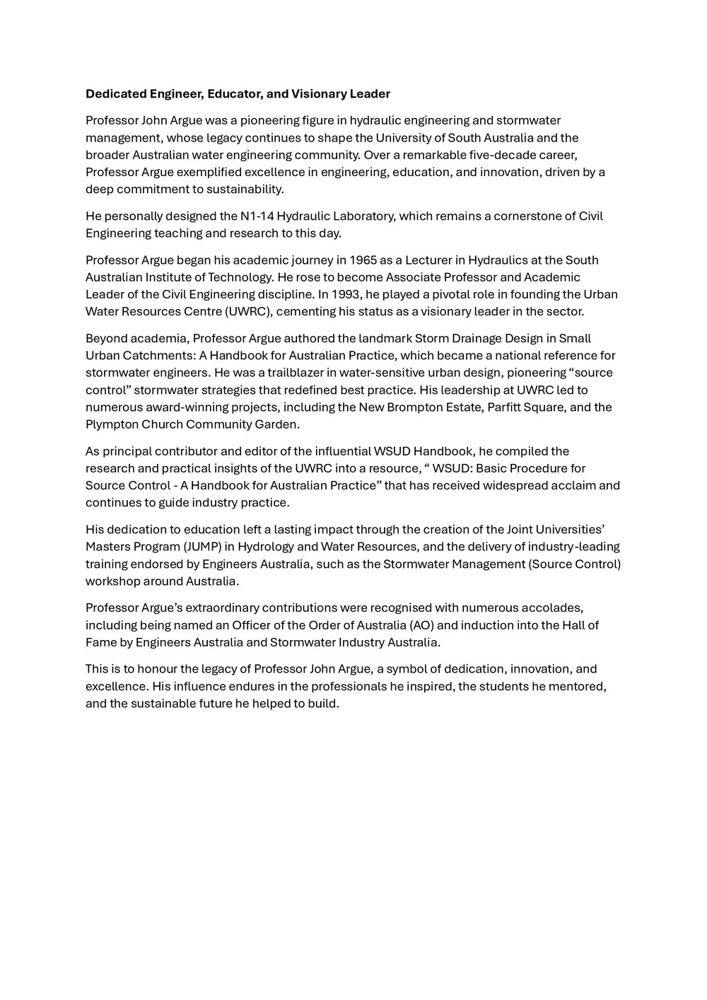 Remembering Prof John Argue AO