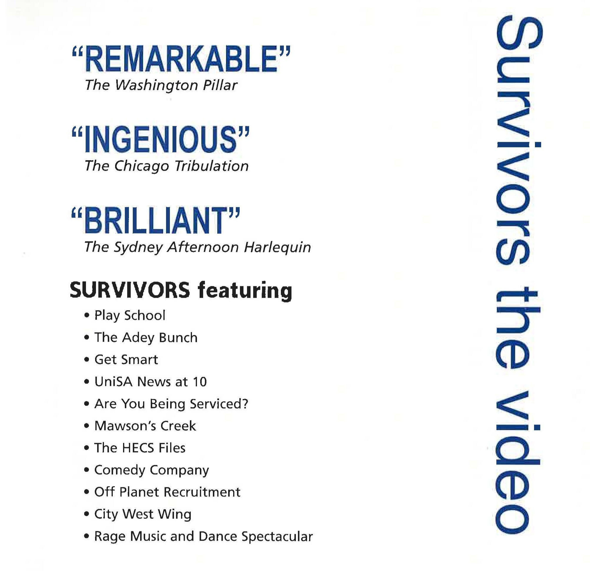 Front and back covers of Survivors the Video, featuring rave "reviews".