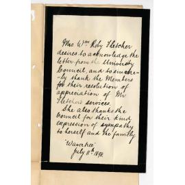 Mrs William Roby Fletcher - Wavertree  - Thanks Council for expression of sympathy regarding the death of the Reverend William Roby Fletcher
