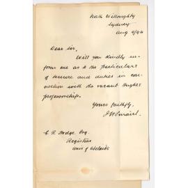 JH Smairl - North Willoughby Sydney - Information concerning the Hughes Professorship of English etc