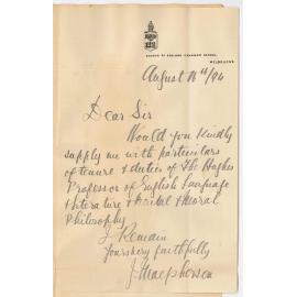 J Macpherson - Melbourne - Information regarding the Hughes Professorship of English etc