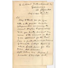 HAR Joy - c/o Cuthbert Fetherstonhaugh Esq - Goorianawa via Gilgandra - Application for Hughes Professorship of English Language and Literature and Mental and Moral Philosophy