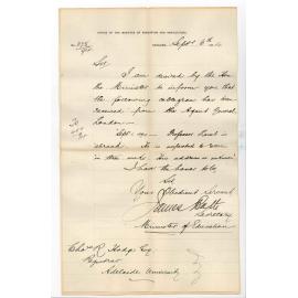 James Bath - Secretary - Office of the Minister of Agriculture and Education - Adelaide - Cablegram from Agent General - Professor Lamb Abroad Address Unknown and Not Expected to Return for Three Weeks