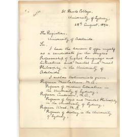 JB Peden - St Pauls College University of Sydney - Application for vacant Hughes Professorship of English