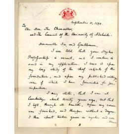 Arthur Galton - Government House Sydney - Application for vacant Hughes Professorship of English