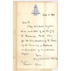 Reverend Henry Girdlestone - College School of St Peter - Regarding admission to ad eundem degree