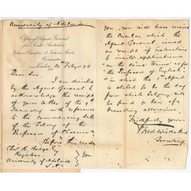 Thomas Playford - Agent General for SA - 15 Victoria Street Westminster - Received letter 9th January and re circular of particulars Classical Professorship