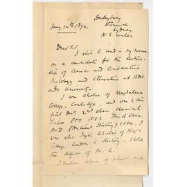 J M Farrar MA - Bruce Street Stanmore Sydney NSW - Application for Lectureship on Classics and Comparative Philology and Literature for March April May