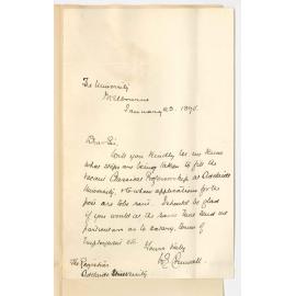 W E Cornwall - Melbourne University - Asking for particulars of the Classical Professorship