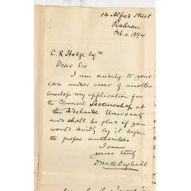 D Murray R Coghill - 14 Alfred Street Prahran Victoria - Application for Classical Lectureship for March April and May