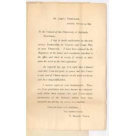 Thomas Slaney Poole BA - St Johns Parsonage Adelaide - Application for Classical Lectureship March April and May