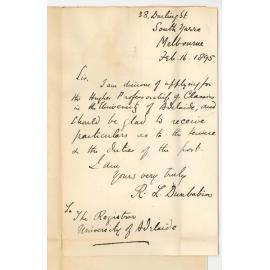 R L Dunbabin - 38 Darling Street South Yarra Melbourne - Asking for particulars of Hughes Professorship of Classics