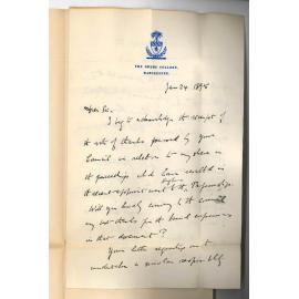 Professor Horace Lamb - Owens College Manchester - Acknowledging vote of thanks for Council Report re English applicants for Professorship of Classics