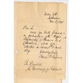 Francis P Simpson - Wesley College Melbourne - Requesting Particulars of Hughes Professorship of Classics