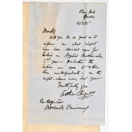 Arthur Chignell - Olive Hill Gawler - Enquiring re Evening lectures on Applied Mathematics