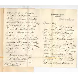 W H Williams - University of Tasmania Hobart - Herewith application for Professorship of Classics