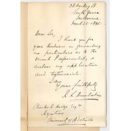 R L Dunbabin - Darling Street South Yarra Melbourne - Applying for Professorship of Classics
