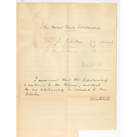 Professor William Mitchell - J H Clark Scholarship - Recommending new scholarship be awarded to L J Robertson and present one to Judah Moss Solomon be continued