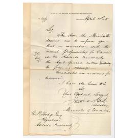 James Bath - Secretary - Minister of Education - GPO Adelaide - Received cablegram from Agent General re Classical Professorship - Candidates are anxious for decision