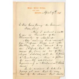 Frederic Chapple - Prince Alfred College Kent Town - Asking permission for son Alfred Angas Scholar to go to England at once